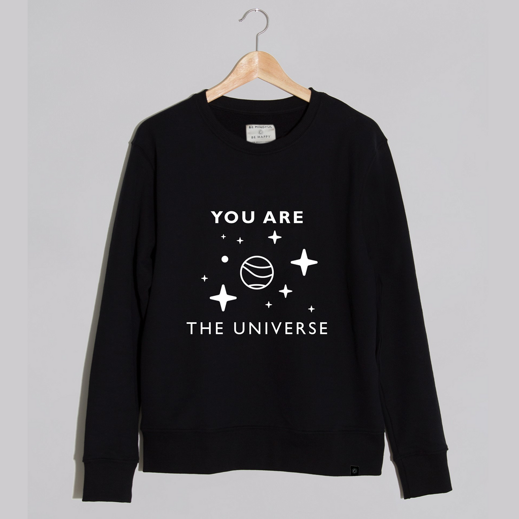 be mindful be happy GOTS organic cotton black sweatshirt mental health universe sustainable mindfulness