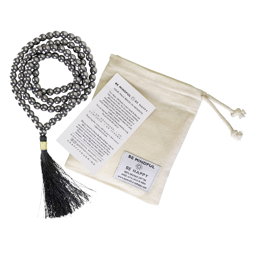 Be Mindful Be Happy Gem Stone Mala Beads Meditation Necklace Rosary Black Hematite Mantra