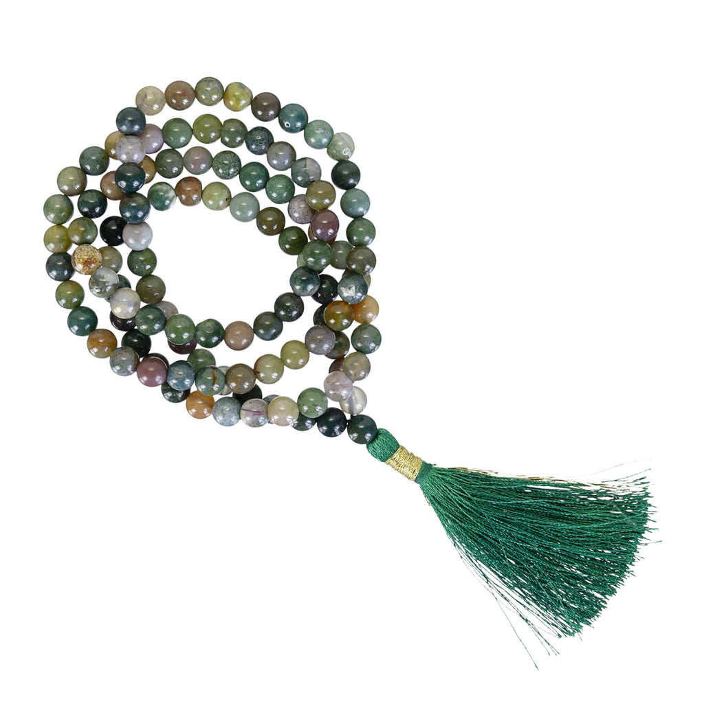Be Mindful Be Happy Gem Stone Mala Beads Meditation Necklace Rosary Green Indian Agate Mantra
