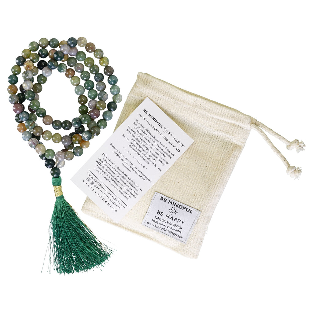 Be Mindful Be Happy Gem Stone Mala Beads Meditation Necklace Rosary Green Indian Agate Mantra