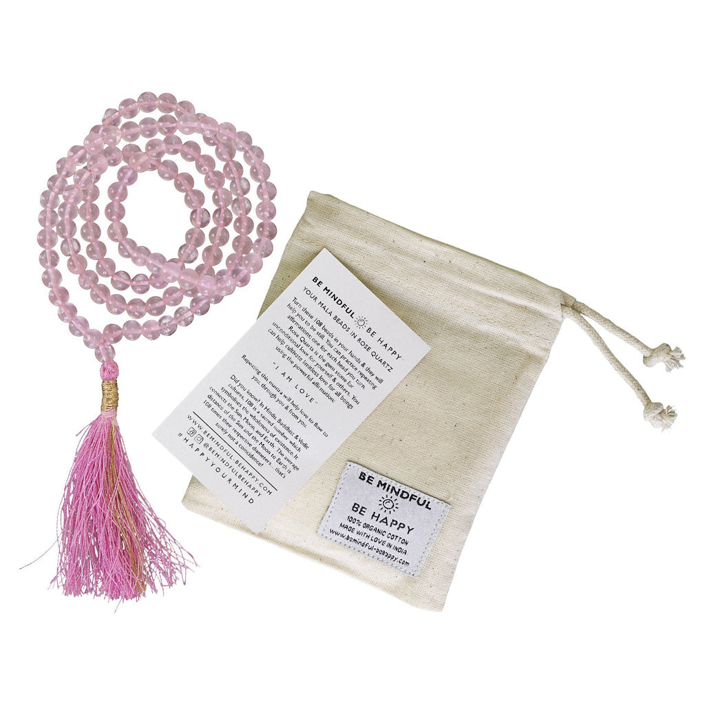 Be Mindful Be Happy Gem Stone Mala Beads Meditation Necklace Rosary Rose Quartz Pink Love Mantra Gift