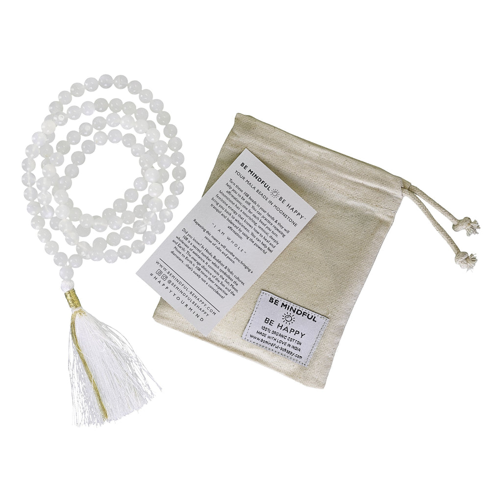Be Mindful Be Happy Gem Stone Mala Beads Meditation Necklace Rosary White Moonstone Mantra 