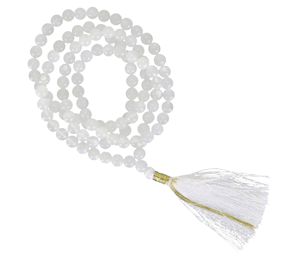 Be Mindful Be Happy Gem Stone Mala Beads Meditation Necklace Rosary White Moonstone Mantra