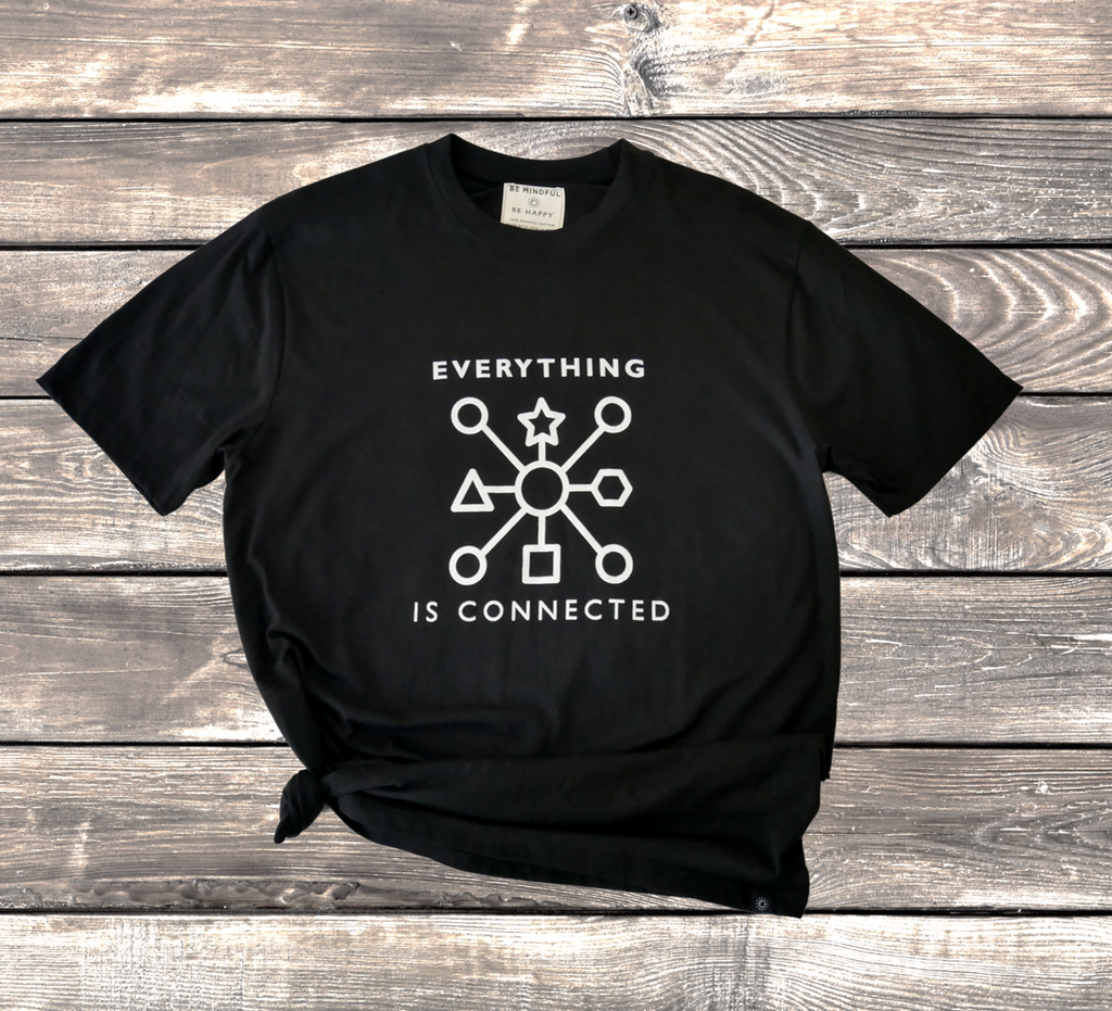 Be Mindful Be happy GOTS Certified Organic cotton black tshirt Mens Womens Mindfulness sustainable eco-friendly everything is connected