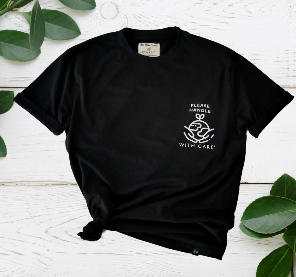 Be Mindful Be happy GOTS Certified Organic cotton black tshirt Mens Womens Mindfulness sustainable eco-friendly surfer surfing waves