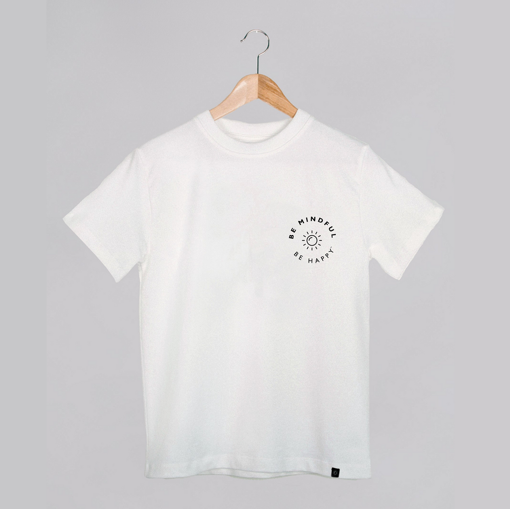be mindful be happy GOTS organic cotton white t shirt vegan kindness mental health sustainable mindfulness