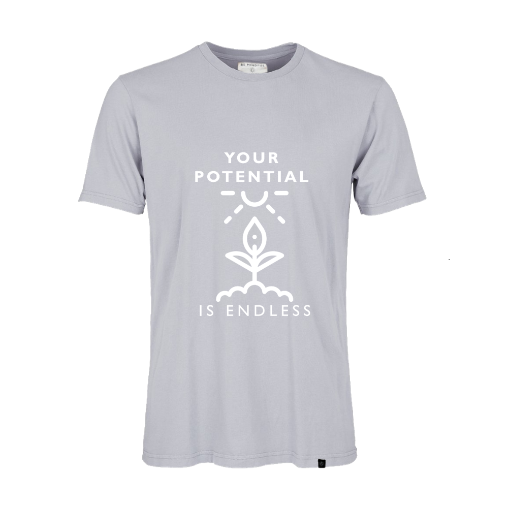 be mindful be happy gots organic grey T SHIRT tshirt crew neck vegan ENDLESS POTENTIAL MENTAL HEALTH SPIRITUALITY yogi mindfulness yoga sustainable