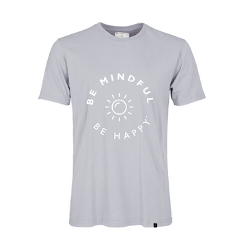 be mindful be happy gots organic grey T shirt crew neck vegan meditation yogi mindfulness yoga sustainable