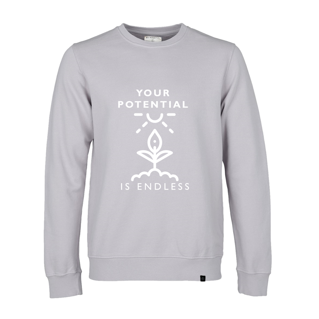 be mindful be happy gots organic grey sweatshirt crew neck vegan endless potential mental health kindness yogi mindfulness yoga sustainable