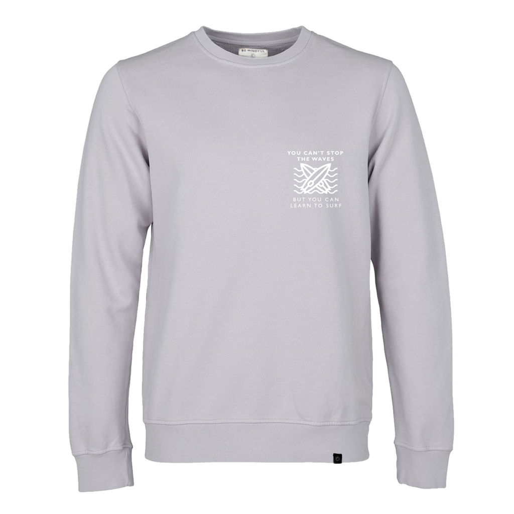 be mindful be happy gots organic grey sweatshirt crew neck vegan surfing surfer yogi mindfulness yoga sustainable